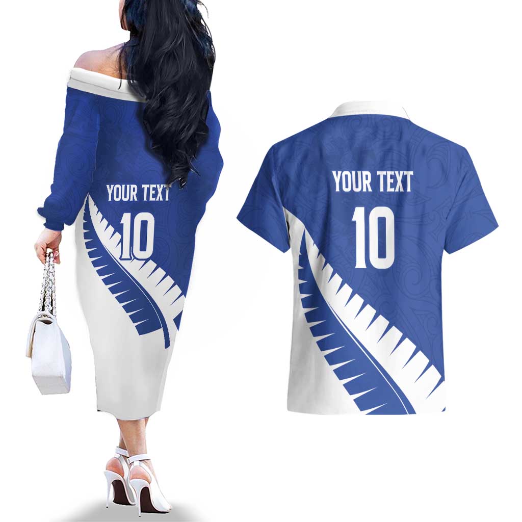Custom New Zealand Cricket Couples Matching Off The Shoulder Long Sleeve Dress and Hawaiian Shirt Kiwi Birds Haka Dance Blue Fern Sporty Style