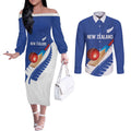 Custom New Zealand Cricket Couples Matching Off The Shoulder Long Sleeve Dress and Long Sleeve Button Shirt Kiwi Birds Haka Dance Blue Fern Sporty Style