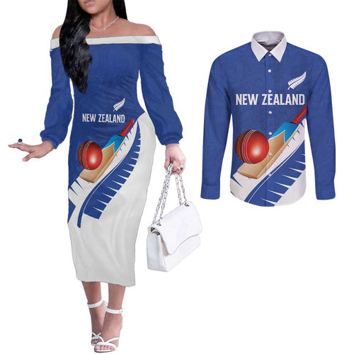 Custom New Zealand Cricket Couples Matching Off The Shoulder Long Sleeve Dress and Long Sleeve Button Shirt Kiwi Birds Haka Dance Blue Fern Sporty Style