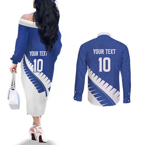 Custom New Zealand Cricket Couples Matching Off The Shoulder Long Sleeve Dress and Long Sleeve Button Shirt Kiwi Birds Haka Dance Blue Fern Sporty Style
