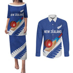 Custom New Zealand Cricket Couples Matching Puletasi and Long Sleeve Button Shirt Kiwi Birds Haka Dance Blue Fern Sporty Style