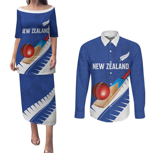 Custom New Zealand Cricket Couples Matching Puletasi and Long Sleeve Button Shirt Kiwi Birds Haka Dance Blue Fern Sporty Style