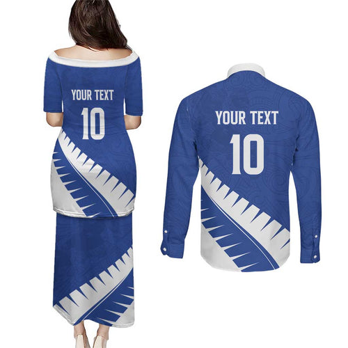 Custom New Zealand Cricket Couples Matching Puletasi and Long Sleeve Button Shirt Kiwi Birds Haka Dance Blue Fern Sporty Style