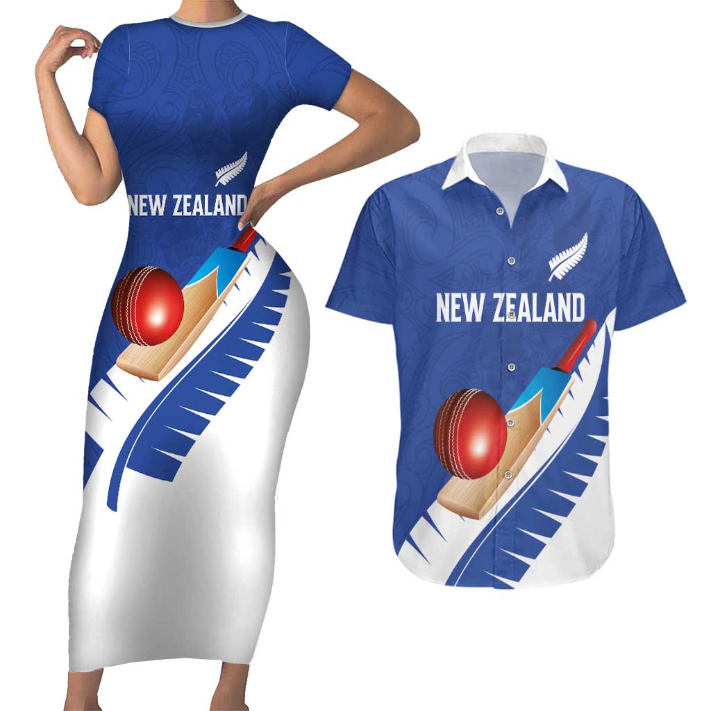 Custom New Zealand Cricket Couples Matching Short Sleeve Bodycon Dress and Hawaiian Shirt Kiwi Birds Haka Dance Blue Fern Sporty Style