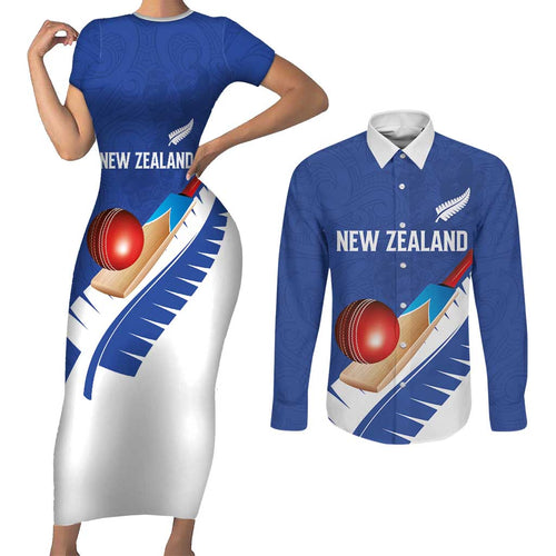 Custom New Zealand Cricket Couples Matching Short Sleeve Bodycon Dress and Long Sleeve Button Shirt Kiwi Birds Haka Dance Blue Fern Sporty Style