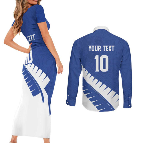 Custom New Zealand Cricket Couples Matching Short Sleeve Bodycon Dress and Long Sleeve Button Shirt Kiwi Birds Haka Dance Blue Fern Sporty Style