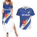 Custom New Zealand Cricket Couples Matching Summer Maxi Dress and Hawaiian Shirt Kiwi Birds Haka Dance Blue Fern Sporty Style