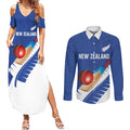 Custom New Zealand Cricket Couples Matching Summer Maxi Dress and Long Sleeve Button Shirt Kiwi Birds Haka Dance Blue Fern Sporty Style