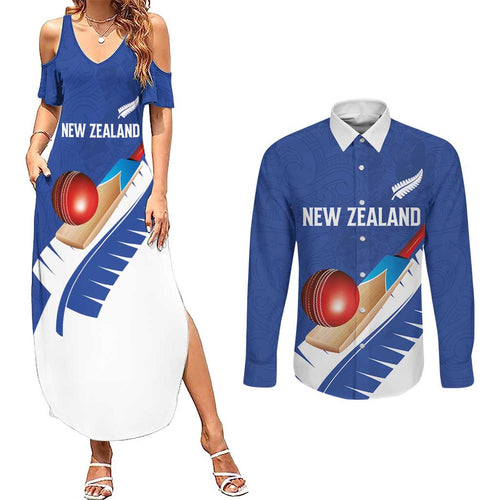 Custom New Zealand Cricket Couples Matching Summer Maxi Dress and Long Sleeve Button Shirt Kiwi Birds Haka Dance Blue Fern Sporty Style