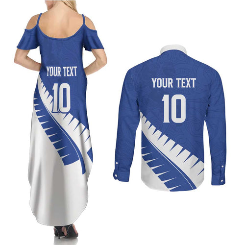Custom New Zealand Cricket Couples Matching Summer Maxi Dress and Long Sleeve Button Shirt Kiwi Birds Haka Dance Blue Fern Sporty Style