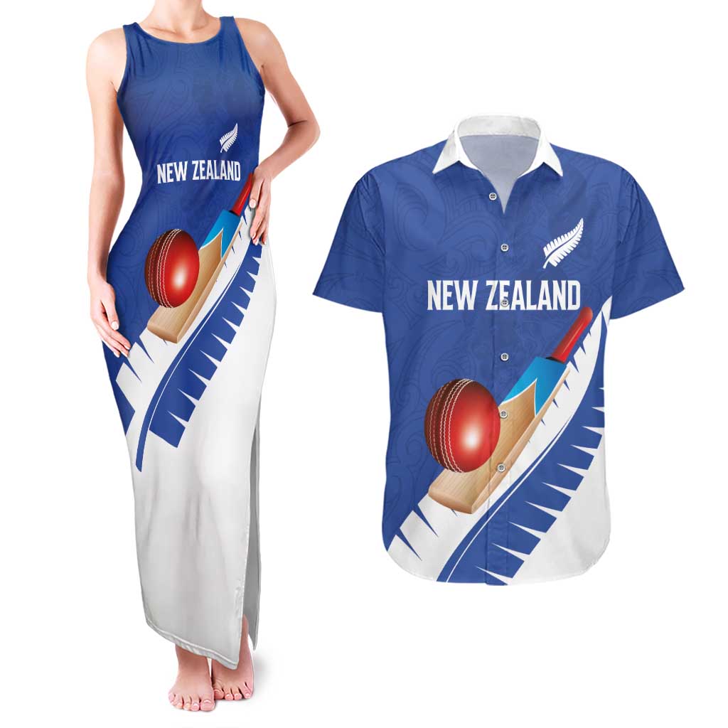 Custom New Zealand Cricket Couples Matching Tank Maxi Dress and Hawaiian Shirt Kiwi Birds Haka Dance Blue Fern Sporty Style