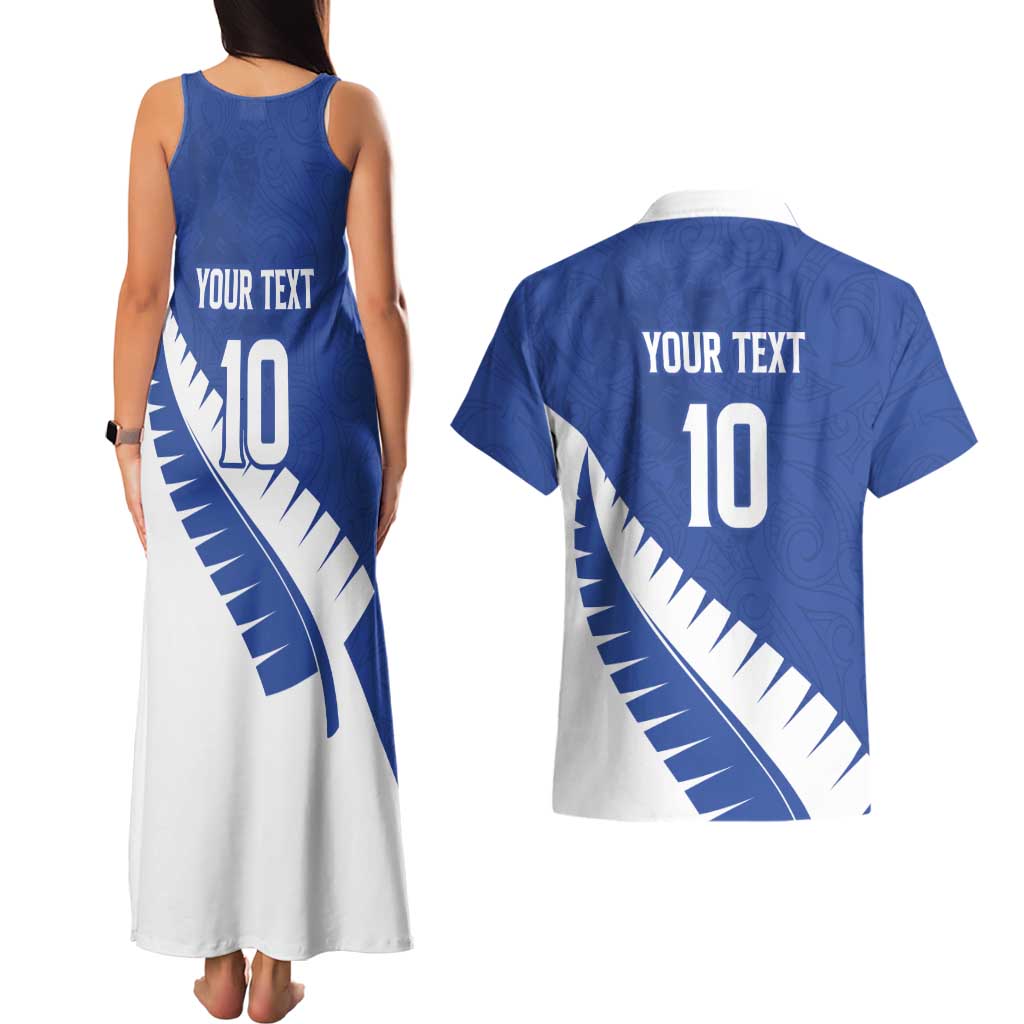 Custom New Zealand Cricket Couples Matching Tank Maxi Dress and Hawaiian Shirt Kiwi Birds Haka Dance Blue Fern Sporty Style