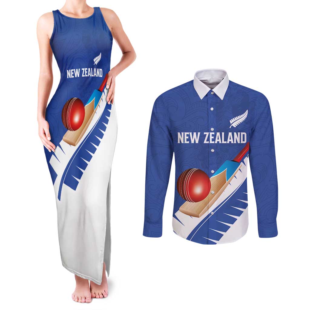 Custom New Zealand Cricket Couples Matching Tank Maxi Dress and Long Sleeve Button Shirt Kiwi Birds Haka Dance Blue Fern Sporty Style