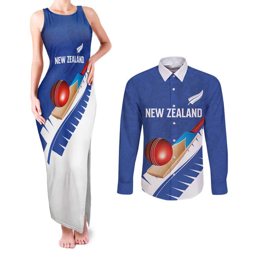 Custom New Zealand Cricket Couples Matching Tank Maxi Dress and Long Sleeve Button Shirt Kiwi Birds Haka Dance Blue Fern Sporty Style