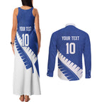 Custom New Zealand Cricket Couples Matching Tank Maxi Dress and Long Sleeve Button Shirt Kiwi Birds Haka Dance Blue Fern Sporty Style