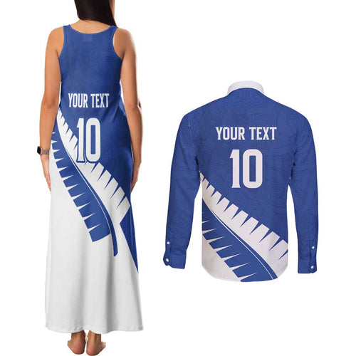 Custom New Zealand Cricket Couples Matching Tank Maxi Dress and Long Sleeve Button Shirt Kiwi Birds Haka Dance Blue Fern Sporty Style