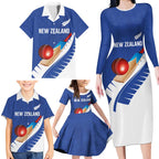 Custom New Zealand Cricket Family Matching Long Sleeve Bodycon Dress and Hawaiian Shirt Kiwi Birds Haka Dance Blue Fern Sporty Style