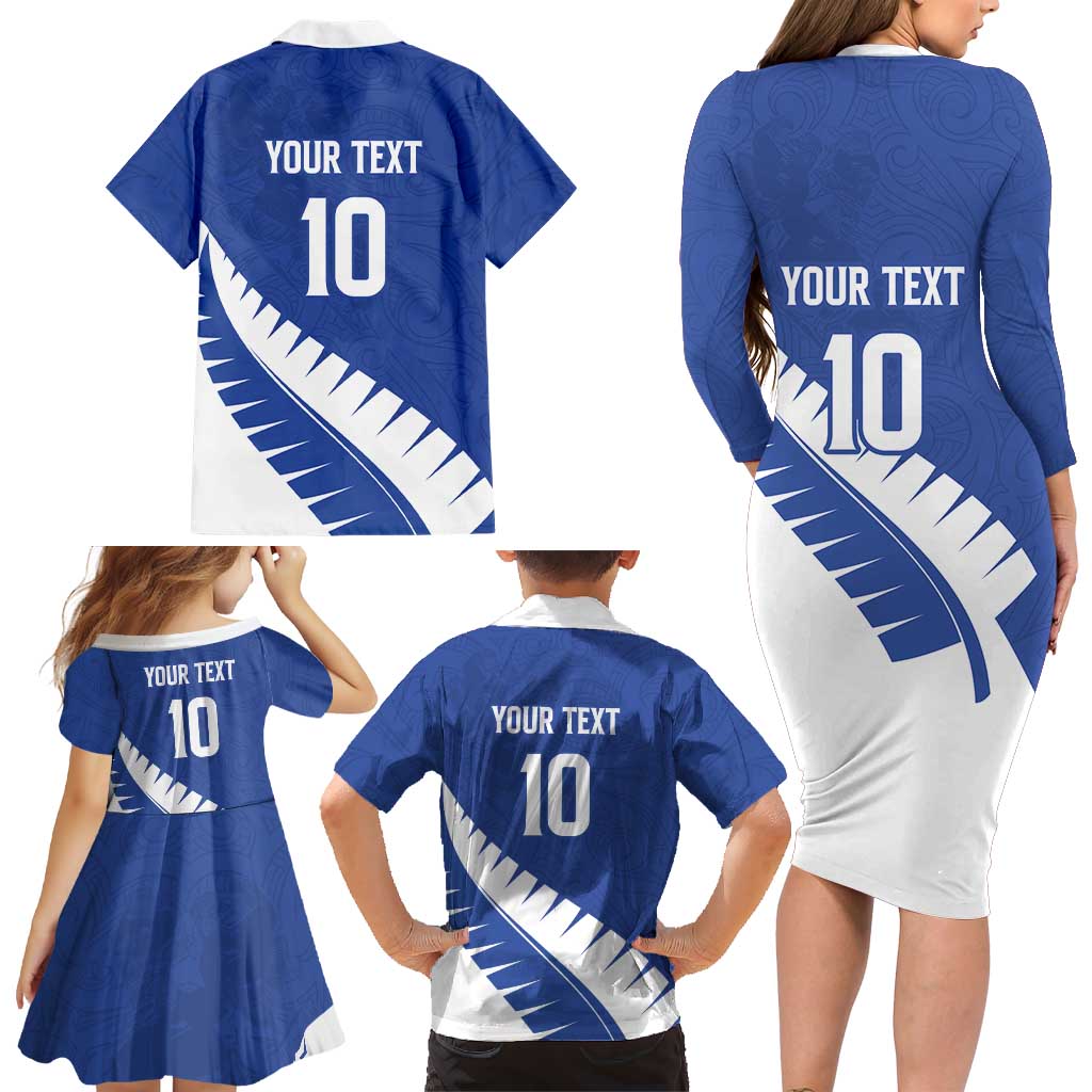 Custom New Zealand Cricket Family Matching Long Sleeve Bodycon Dress and Hawaiian Shirt Kiwi Birds Haka Dance Blue Fern Sporty Style