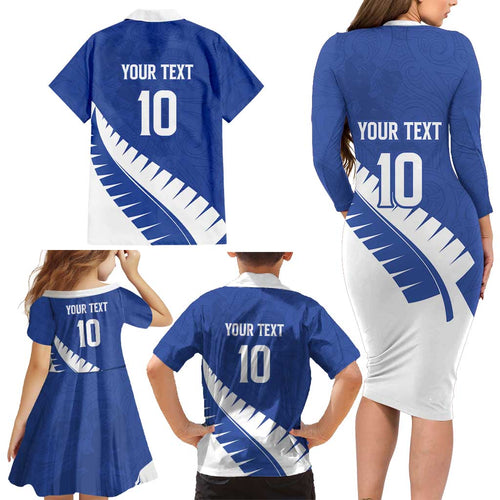 Custom New Zealand Cricket Family Matching Long Sleeve Bodycon Dress and Hawaiian Shirt Kiwi Birds Haka Dance Blue Fern Sporty Style