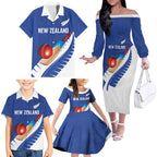 Custom New Zealand Cricket Family Matching Off The Shoulder Long Sleeve Dress and Hawaiian Shirt Kiwi Birds Haka Dance Blue Fern Sporty Style