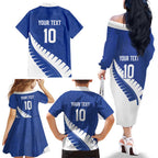 Custom New Zealand Cricket Family Matching Off The Shoulder Long Sleeve Dress and Hawaiian Shirt Kiwi Birds Haka Dance Blue Fern Sporty Style