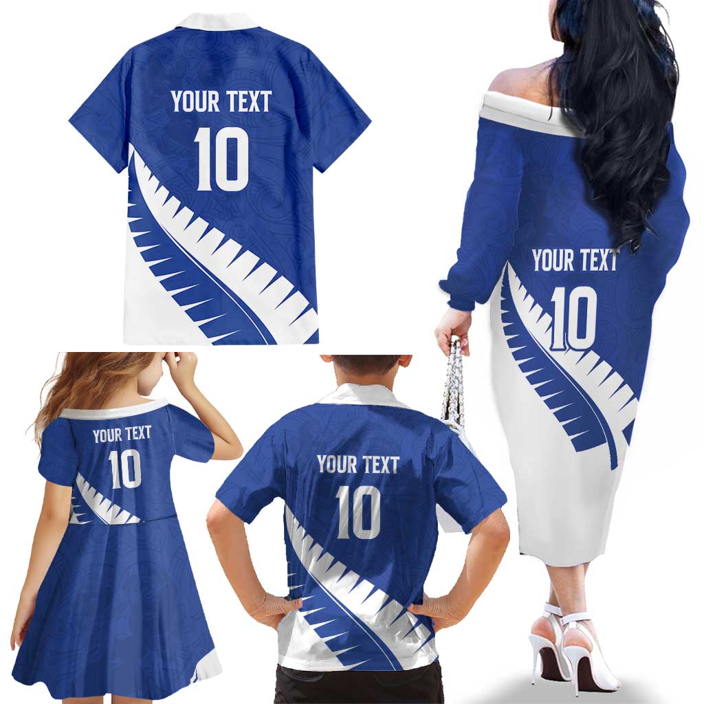 Custom New Zealand Cricket Family Matching Off The Shoulder Long Sleeve Dress and Hawaiian Shirt Kiwi Birds Haka Dance Blue Fern Sporty Style