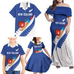 Custom New Zealand Cricket Family Matching Off Shoulder Maxi Dress and Hawaiian Shirt Kiwi Birds Haka Dance Blue Fern Sporty Style