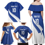 Custom New Zealand Cricket Family Matching Off Shoulder Maxi Dress and Hawaiian Shirt Kiwi Birds Haka Dance Blue Fern Sporty Style