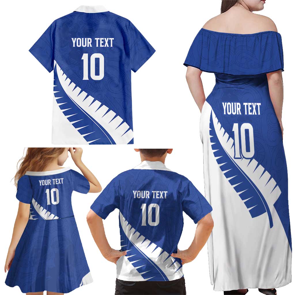 Custom New Zealand Cricket Family Matching Off Shoulder Maxi Dress and Hawaiian Shirt Kiwi Birds Haka Dance Blue Fern Sporty Style