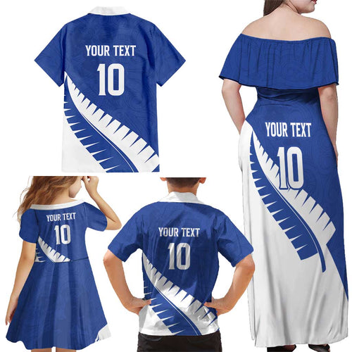 Custom New Zealand Cricket Family Matching Off Shoulder Maxi Dress and Hawaiian Shirt Kiwi Birds Haka Dance Blue Fern Sporty Style