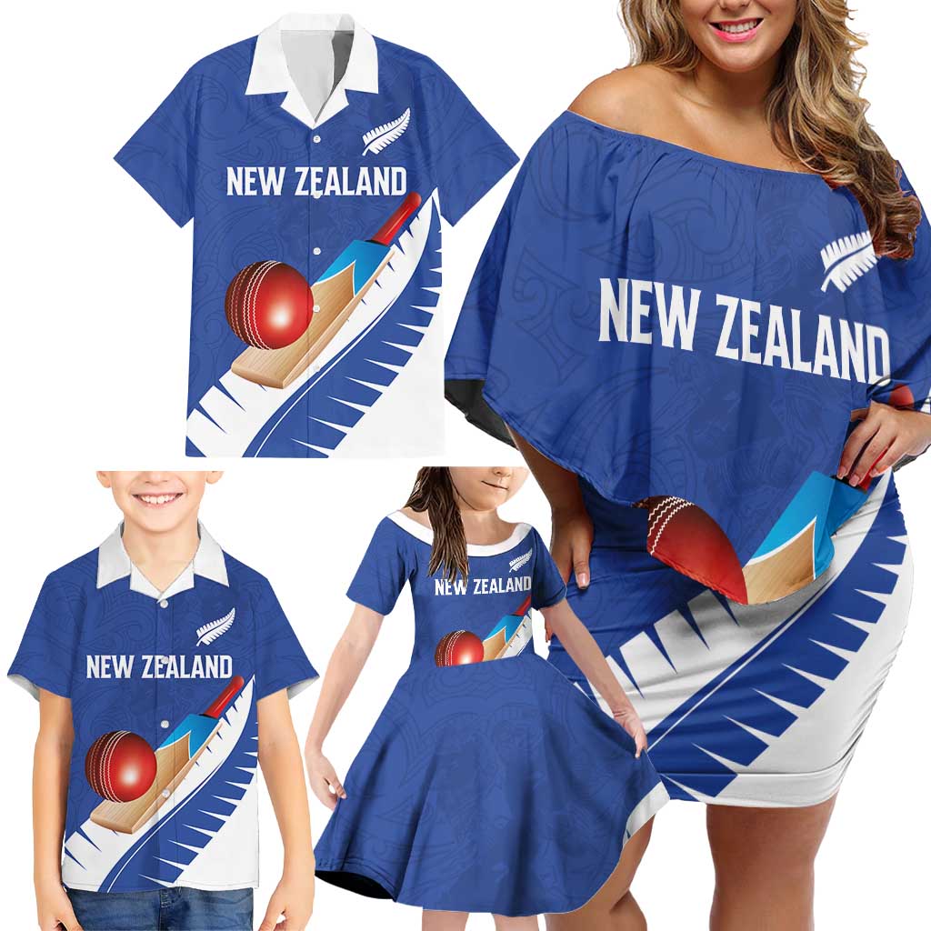 Custom New Zealand Cricket Family Matching Off Shoulder Short Dress and Hawaiian Shirt Kiwi Birds Haka Dance Blue Fern Sporty Style