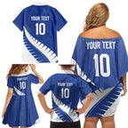 Custom New Zealand Cricket Family Matching Off Shoulder Short Dress and Hawaiian Shirt Kiwi Birds Haka Dance Blue Fern Sporty Style