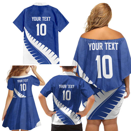 Custom New Zealand Cricket Family Matching Off Shoulder Short Dress and Hawaiian Shirt Kiwi Birds Haka Dance Blue Fern Sporty Style