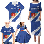 Custom New Zealand Cricket Family Matching Puletasi and Hawaiian Shirt Kiwi Birds Haka Dance Blue Fern Sporty Style