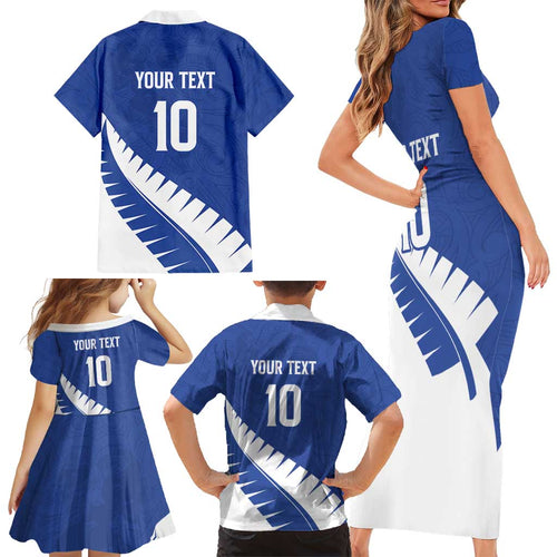 Custom New Zealand Cricket Family Matching Short Sleeve Bodycon Dress and Hawaiian Shirt Kiwi Birds Haka Dance Blue Fern Sporty Style