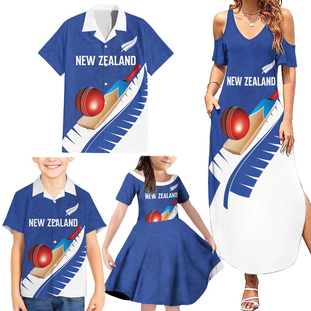 Custom New Zealand Cricket Family Matching Summer Maxi Dress and Hawaiian Shirt Kiwi Birds Haka Dance Blue Fern Sporty Style