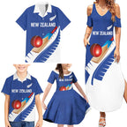 Custom New Zealand Cricket Family Matching Summer Maxi Dress and Hawaiian Shirt Kiwi Birds Haka Dance Blue Fern Sporty Style