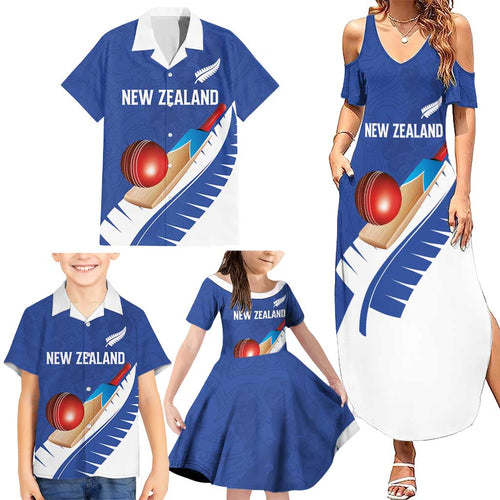 Custom New Zealand Cricket Family Matching Summer Maxi Dress and Hawaiian Shirt Kiwi Birds Haka Dance Blue Fern Sporty Style