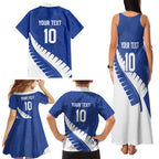 Custom New Zealand Cricket Family Matching Tank Maxi Dress and Hawaiian Shirt Kiwi Birds Haka Dance Blue Fern Sporty Style