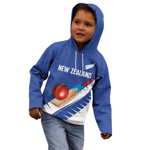Custom New Zealand Cricket Kid Hoodie Kiwi Birds Haka Dance Blue Fern Sporty Style