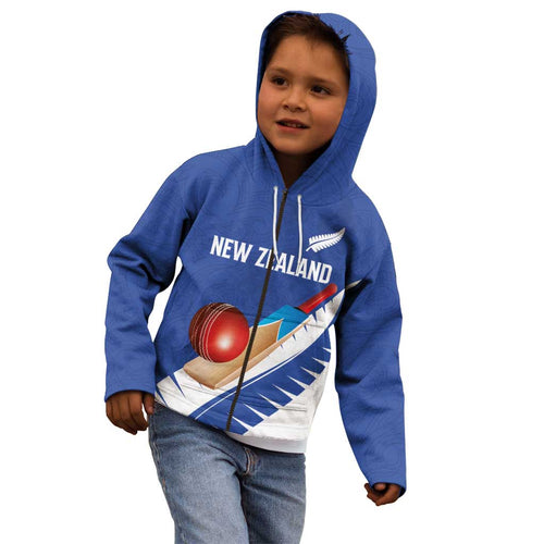 Custom New Zealand Cricket Kid Hoodie Kiwi Birds Haka Dance Blue Fern Sporty Style