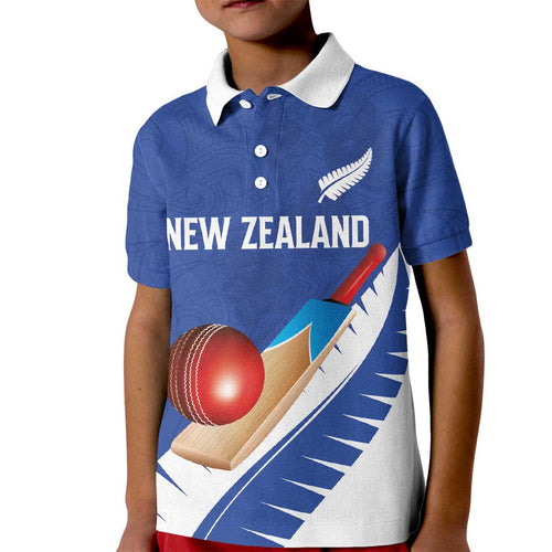 Custom New Zealand Cricket Kid Polo Shirt Kiwi Birds Haka Dance Blue Fern Sporty Style