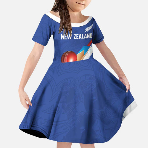 Custom New Zealand Cricket Kid Short Sleeve Dress Kiwi Birds Haka Dance Blue Fern Sporty Style