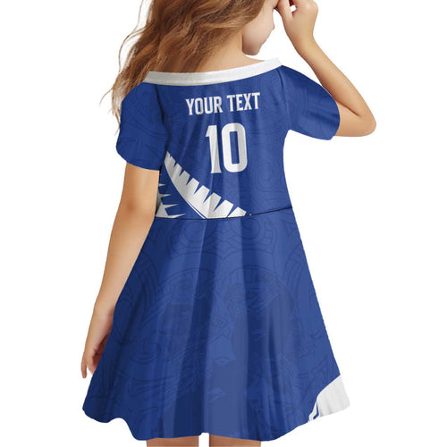 Custom New Zealand Cricket Kid Short Sleeve Dress Kiwi Birds Haka Dance Blue Fern Sporty Style