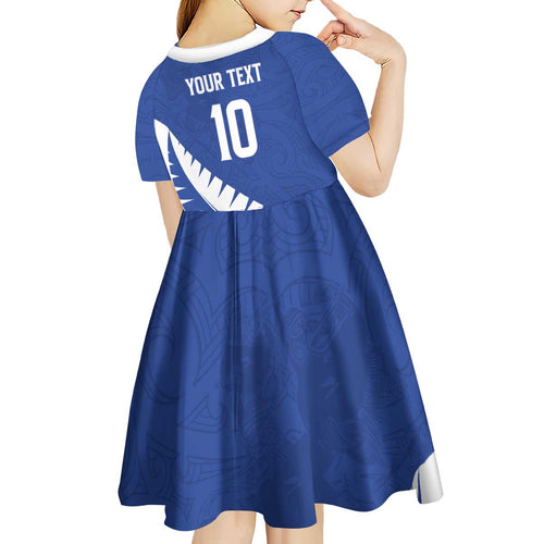 Custom New Zealand Cricket Kid Short Sleeve Dress Kiwi Birds Haka Dance Blue Fern Sporty Style