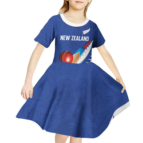 Custom New Zealand Cricket Kid Short Sleeve Dress Kiwi Birds Haka Dance Blue Fern Sporty Style