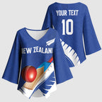 Custom New Zealand Cricket Kimono Sleeve Blouse Kiwi Birds Haka Dance Blue Fern Sporty Style