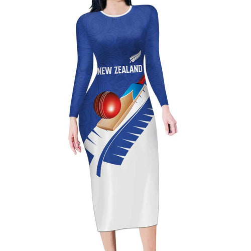 Custom New Zealand Cricket Long Sleeve Bodycon Dress Kiwi Birds Haka Dance Blue Fern Sporty Style