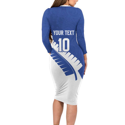Custom New Zealand Cricket Long Sleeve Bodycon Dress Kiwi Birds Haka Dance Blue Fern Sporty Style