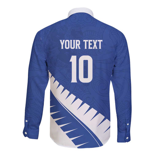 Custom New Zealand Cricket Long Sleeve Button Shirt Kiwi Birds Haka Dance Blue Fern Sporty Style